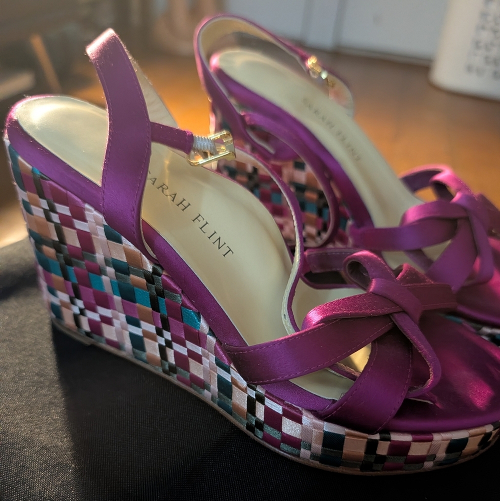Sarah Flint purple and pink Mirjana Wedges 80 in fuchsia & turquoise satin Sz 5